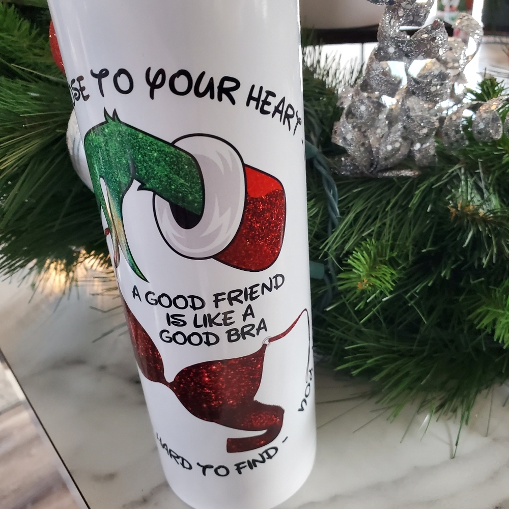A Good Friend is Like a Good Bra Grinch Hand 20oz Tumbler with duo lids 🎉sale